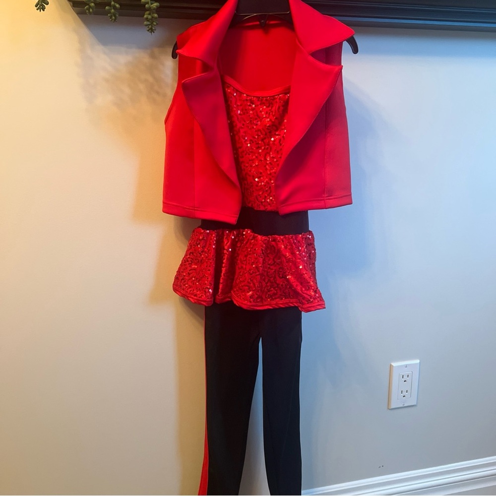Weissman Red Sequin Dance Costume with Black Pants size 1C